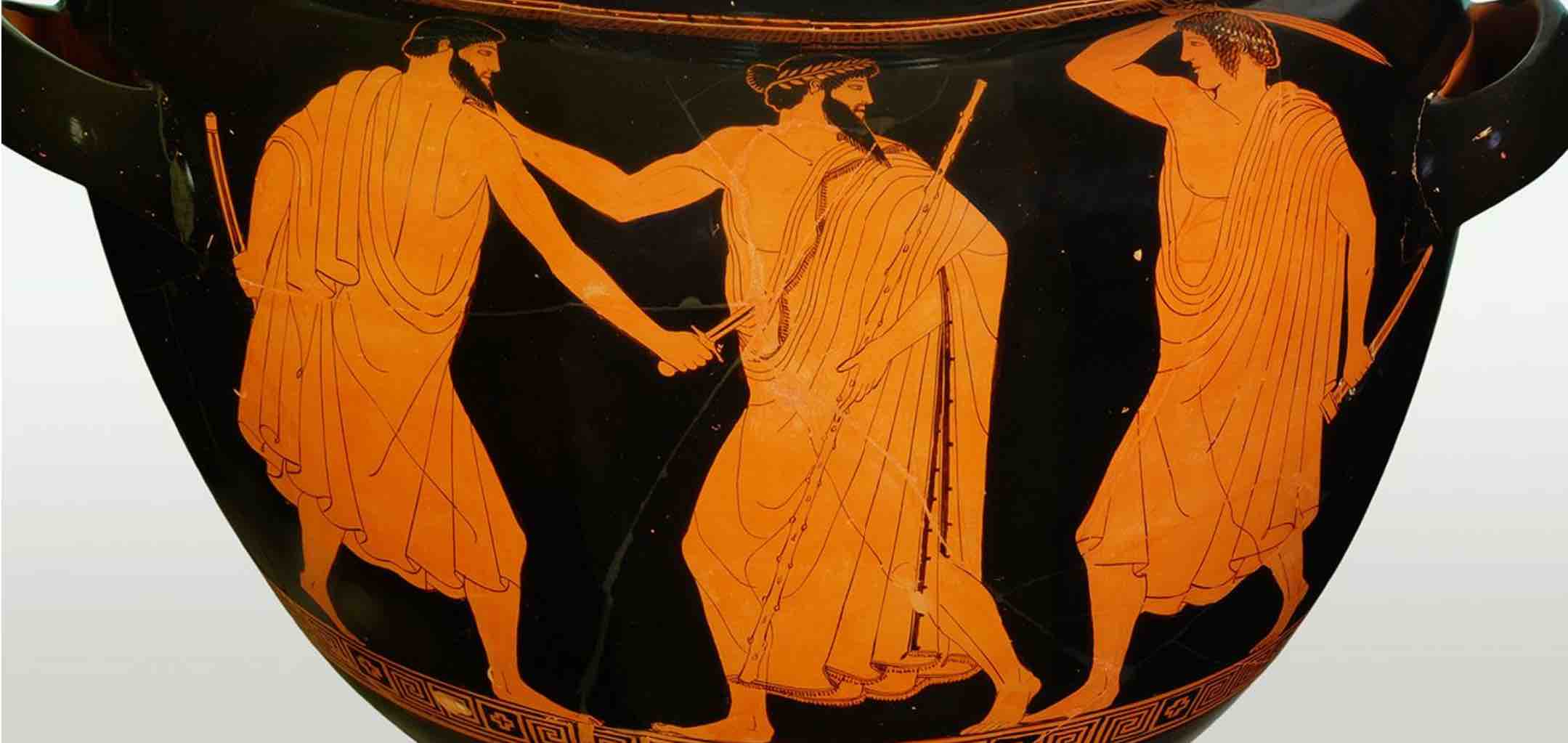 Death of Hipparchus at the hands of Harmodius and Aristogeiton. Syriskos Painter, Athens 475-460 BC. For Harmodius and Aristogetion, see https://en.wikipedia.org/wiki/Harmodius_and_Aristogeiton